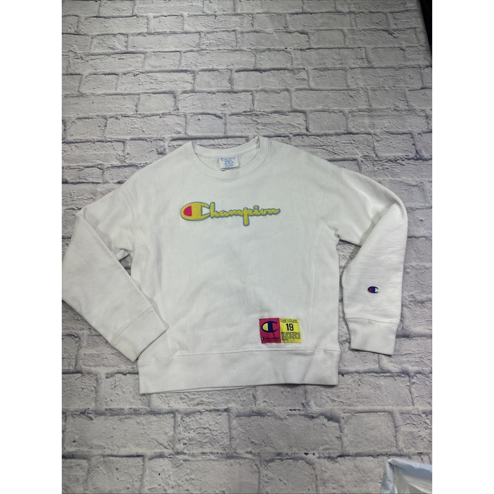 Champion Reverse Weave Sweatshirt‎ Small White Chenille Logo Crewneck GF750 Mens